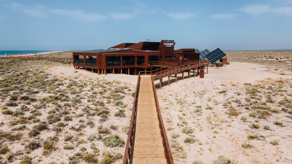 Wooden walkway leading to a modern coastal building with solar panels.