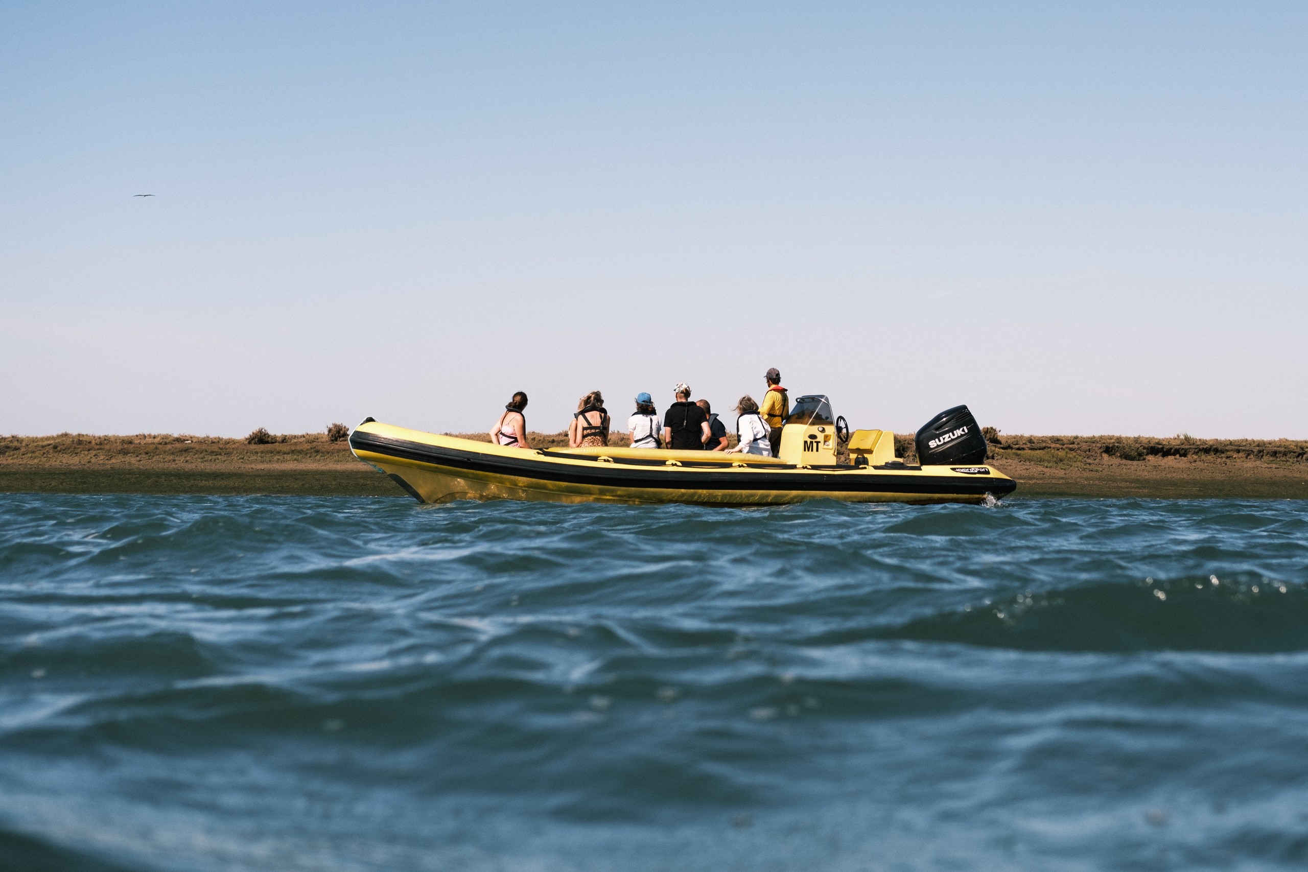 Group on a yellow motorboat in open water with clear sky.